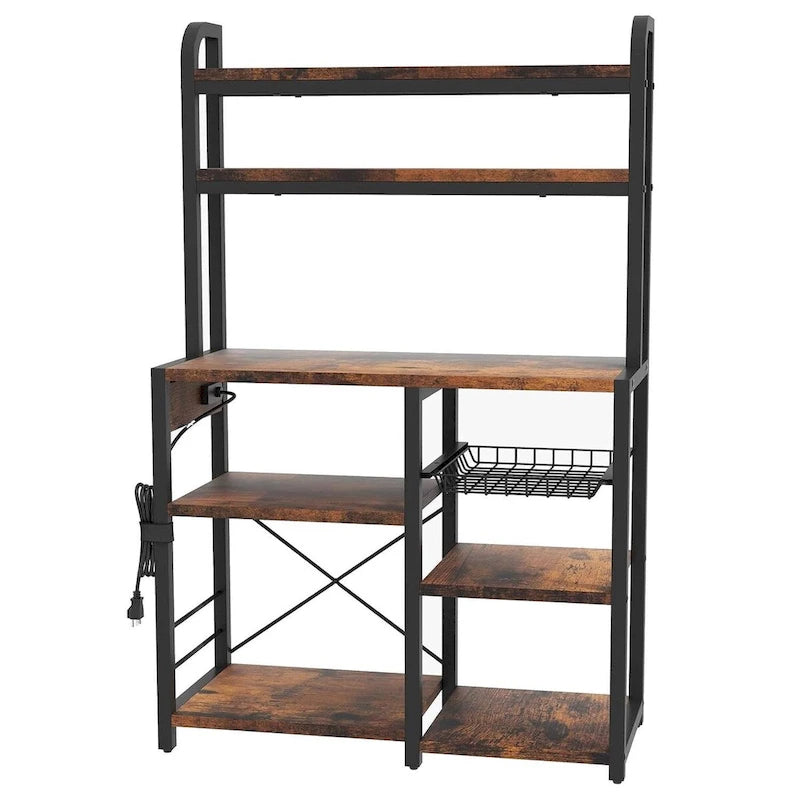 Étagère de cuisine style boulanger avec prise de courant et panier en fil métallique
