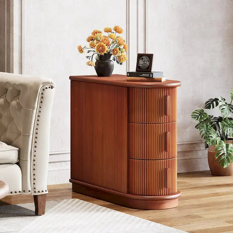 Table d'appoint semi-ovale à 3 tiroirs en bois massif