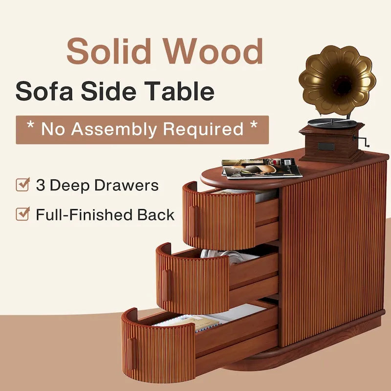 Table d'appoint semi-ovale à 3 tiroirs en bois massif