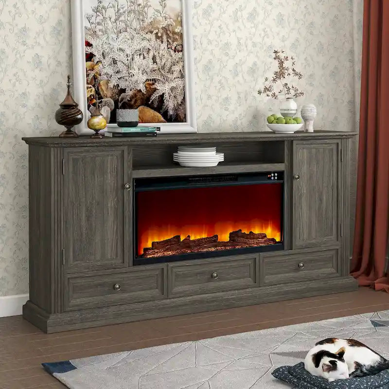 Meuble TV de ferme de 183 cm avec cheminée - 185 cm L x 89 cm H x 36 cm P