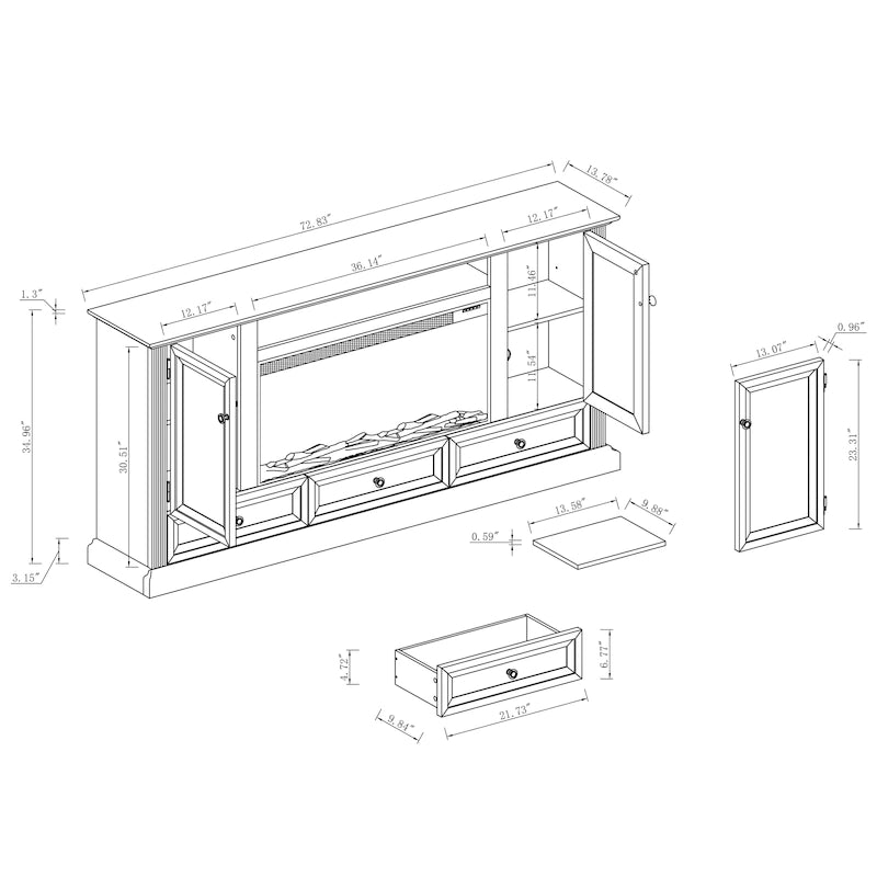 Meuble TV de ferme de 183 cm avec cheminée - 185 cm L x 89 cm H x 36 cm P