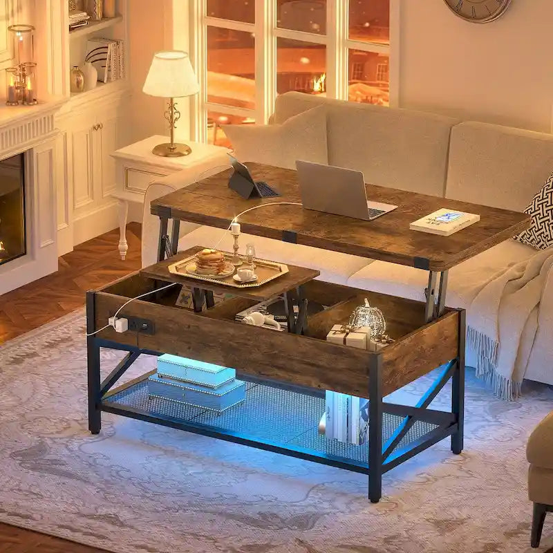 Table basse relevable extensible avec lumière LED et prise de courant - 39 larg. x 41,73 long. x 26,6 haut. po.