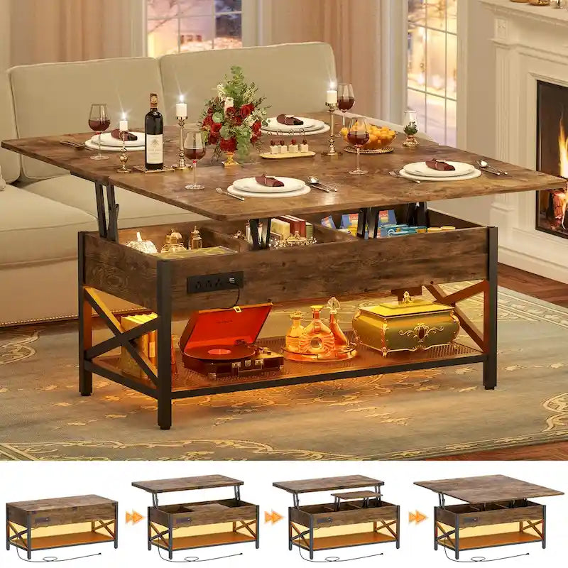 Table basse relevable extensible avec lumière LED et prise de courant - 39 larg. x 41,73 long. x 26,6 haut. po.