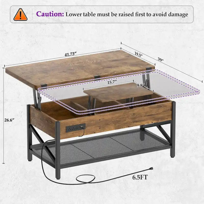 Table basse relevable extensible avec lumière LED et prise de courant - 39 larg. x 41,73 long. x 26,6 haut. po.