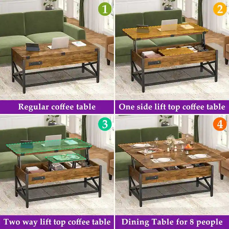 Table basse relevable extensible avec lumière LED et prise de courant - 39 larg. x 41,73 long. x 26,6 haut. po.