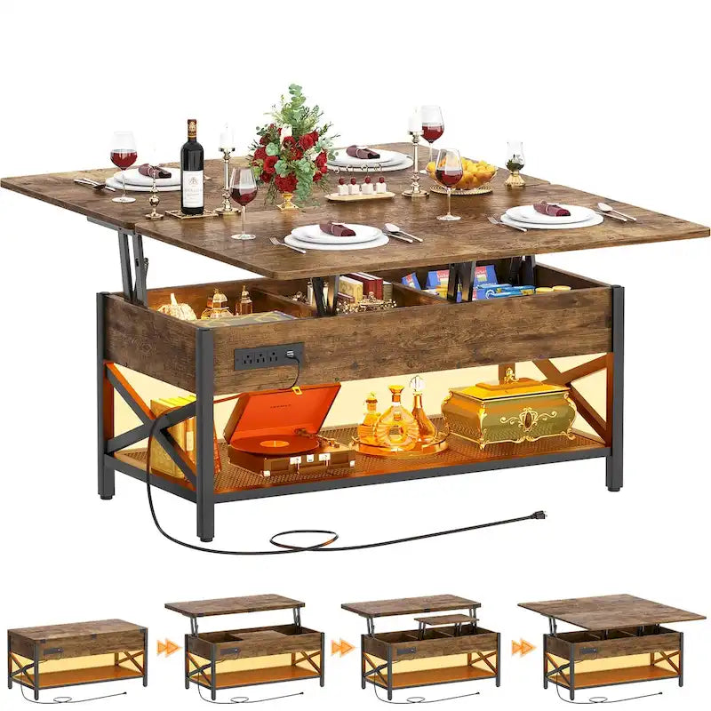 Table basse relevable extensible avec lumière LED et prise de courant - 39 larg. x 41,73 long. x 26,6 haut. po.