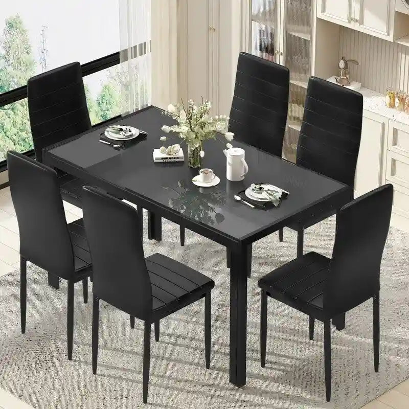 Table à manger 7 pièces de style moderne avec plateau en verre trempé et chaises en cuir PU