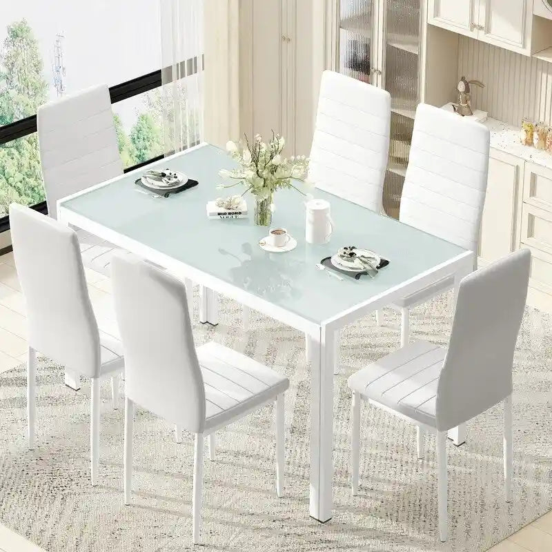Table à manger 7 pièces de style moderne avec plateau en verre trempé et chaises en cuir PU