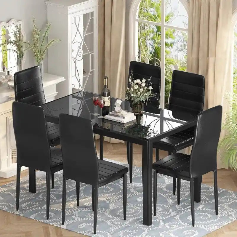 Grondin Modern Style 7-Piece Dining Room Table Set with Tempered Glass Tabletop and 6 PU Leather Upholstered Chairs