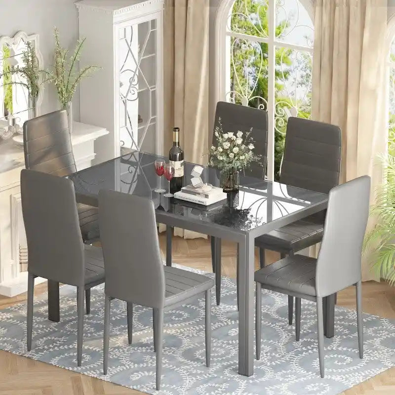 Table à manger 7 pièces de style moderne avec plateau en verre trempé et chaises en cuir PU