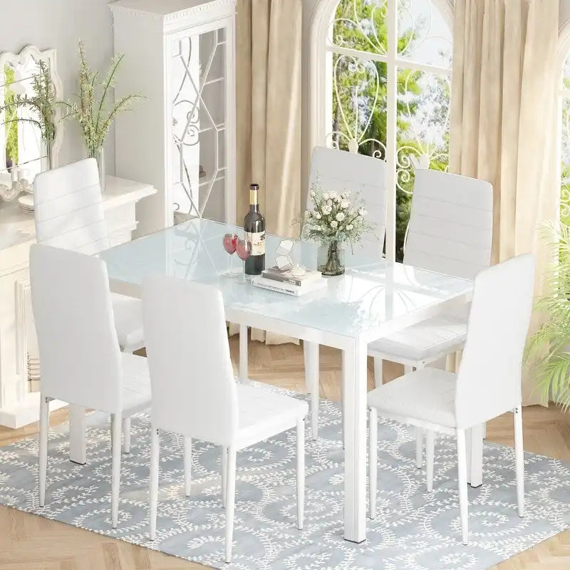 Table à manger 7 pièces de style moderne avec plateau en verre trempé et chaises en cuir PU