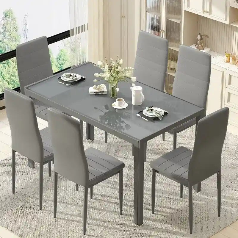 Table à manger 7 pièces de style moderne avec plateau en verre trempé et chaises en cuir PU
