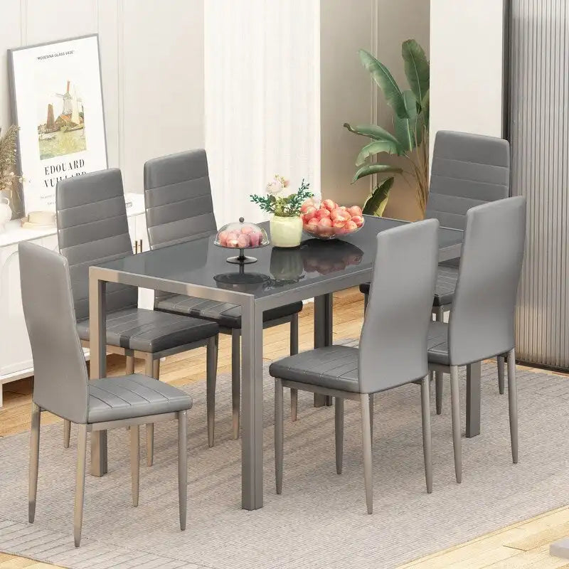 Table à manger 7 pièces de style moderne avec plateau en verre trempé et chaises en cuir PU