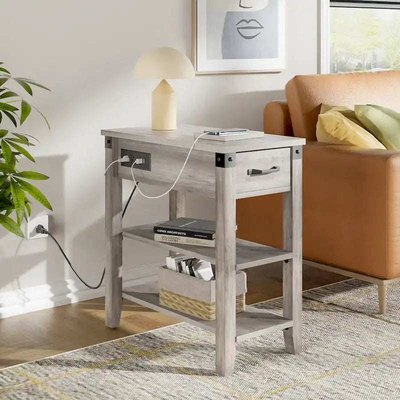Table d'appoint étroite de ferme avec tiroir à station de charge et rangement