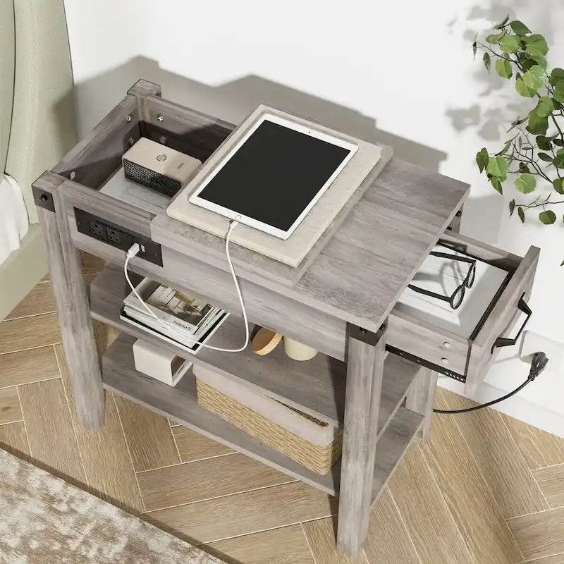 Table d'appoint étroite de ferme avec tiroir à station de charge et rangement