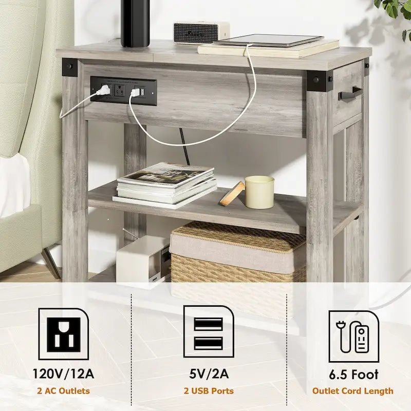 Table d'appoint étroite de ferme avec tiroir à station de charge et rangement