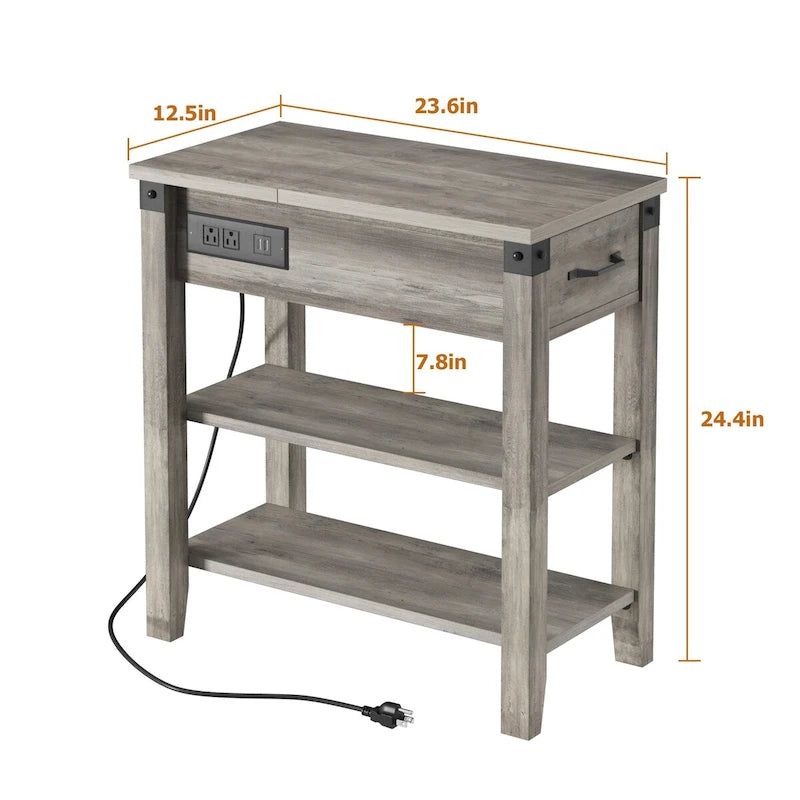 Table d'appoint étroite de ferme avec tiroir à station de charge et rangement
