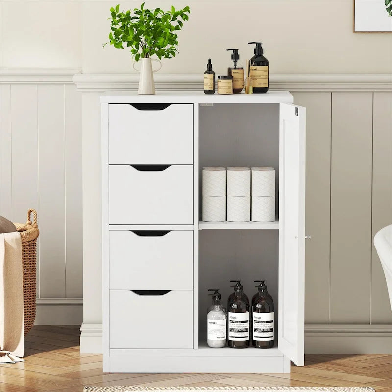 Freestanding Bathroom Floor Storage Cabinet with 4 Drawers and 1 Door