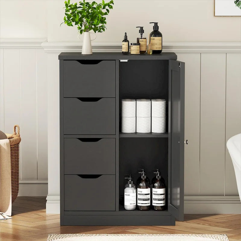 Freestanding Bathroom Floor Storage Cabinet with 4 Drawers and 1 Door