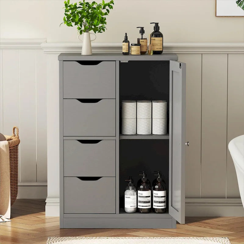 Meuble de Rangement sur Pied pour Salle de Bain avec 4 Tiroirs et 1 Porte
