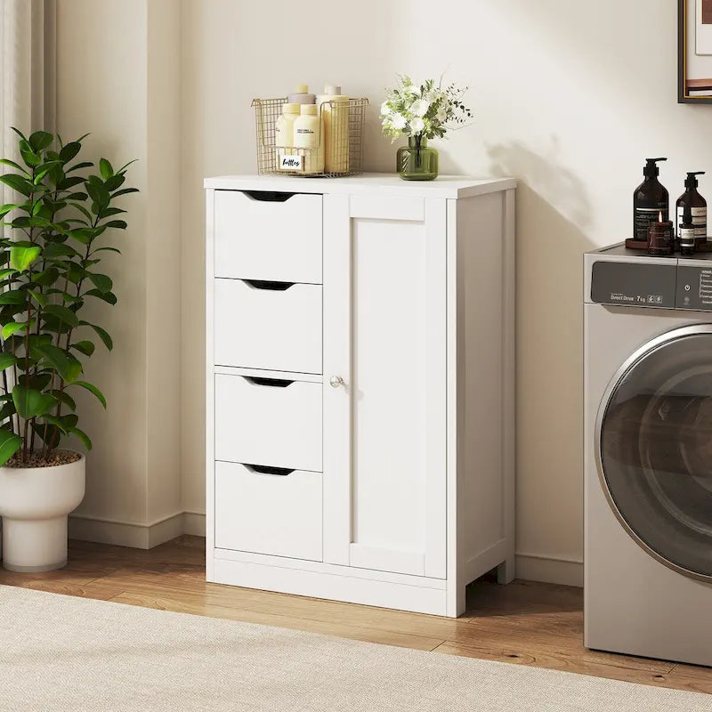Meuble de Rangement sur Pied pour Salle de Bain avec 4 Tiroirs et 1 Porte