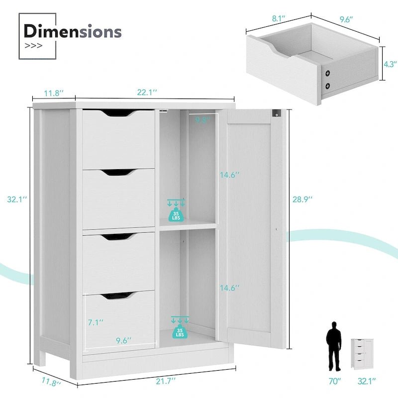 Meuble de Rangement sur Pied pour Salle de Bain avec 4 Tiroirs et 1 Porte