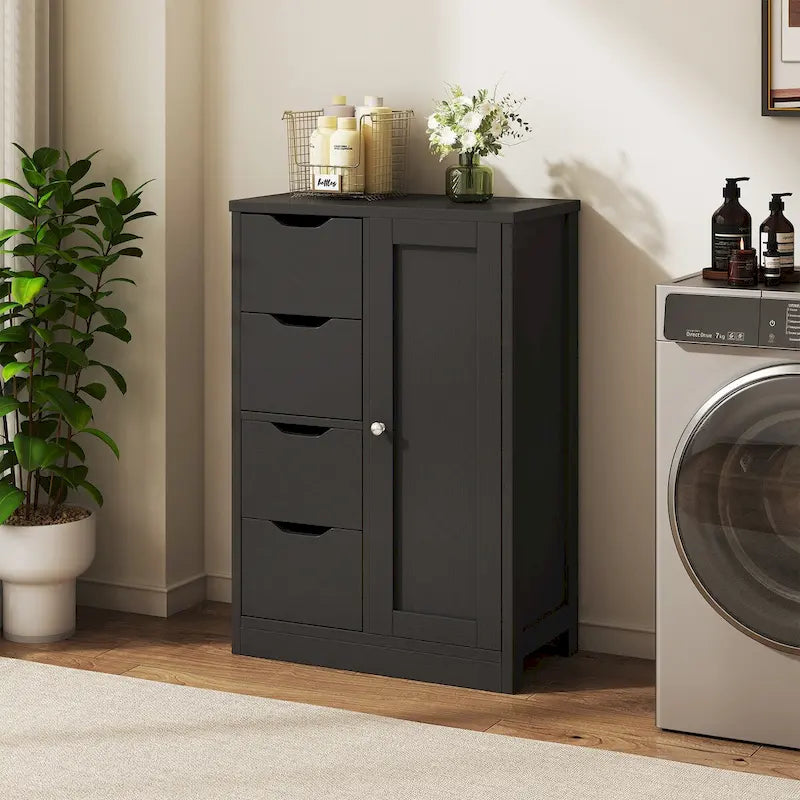 Meuble de Rangement sur Pied pour Salle de Bain avec 4 Tiroirs et 1 Porte