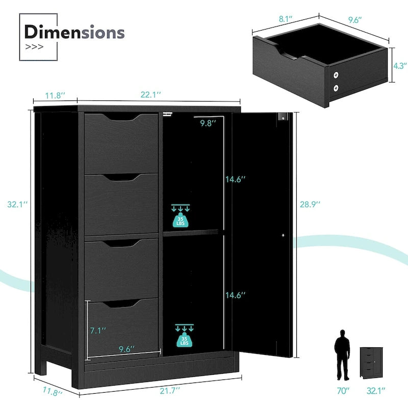 Meuble de Rangement sur Pied pour Salle de Bain avec 4 Tiroirs et 1 Porte