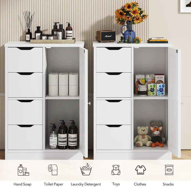 Meuble de Rangement sur Pied pour Salle de Bain avec 4 Tiroirs et 1 Porte