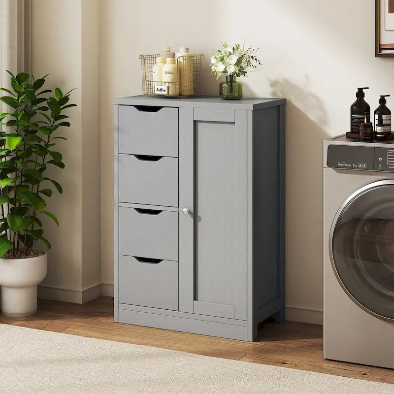Meuble de Rangement sur Pied pour Salle de Bain avec 4 Tiroirs et 1 Porte