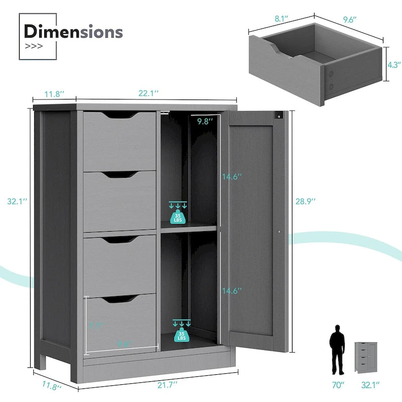 Meuble de Rangement sur Pied pour Salle de Bain avec 4 Tiroirs et 1 Porte