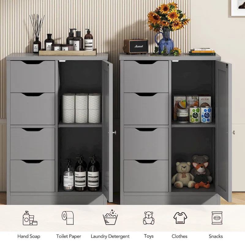 Meuble de Rangement sur Pied pour Salle de Bain avec 4 Tiroirs et 1 Porte