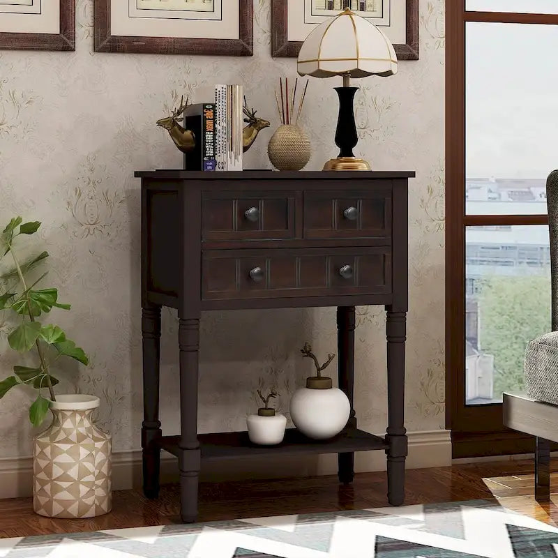 Console en bois massif de 23,7 po de style rustique avec 3 tiroirs et étagère inférieure