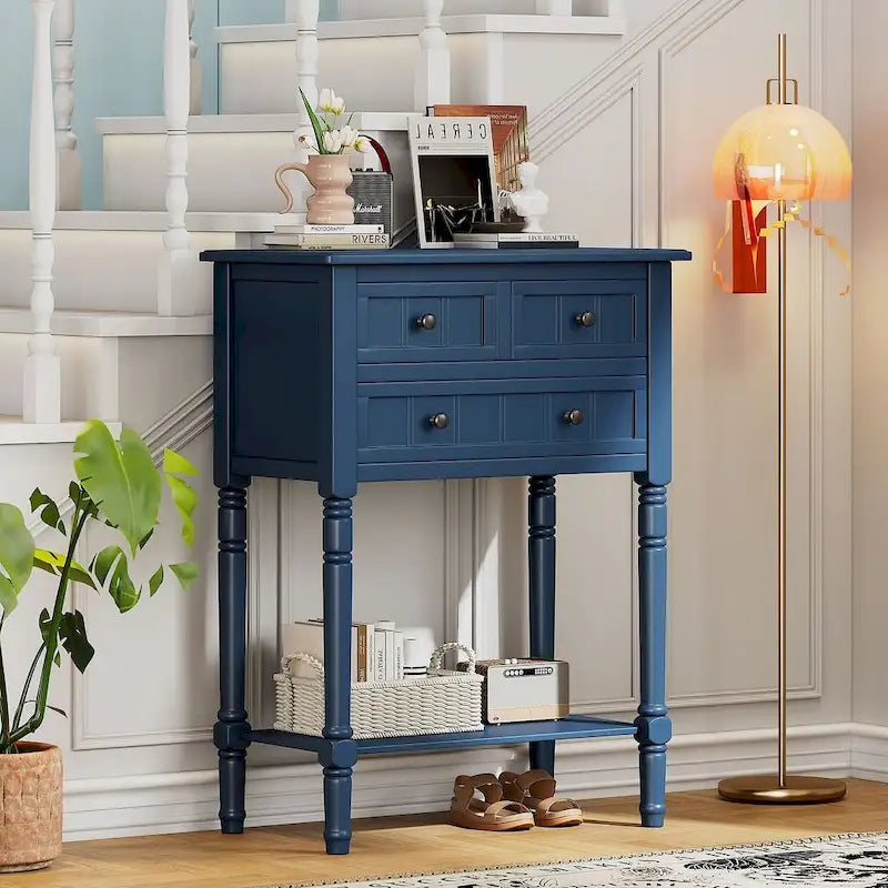Console en bois massif de 23,7 po de style rustique avec 3 tiroirs et étagère inférieure