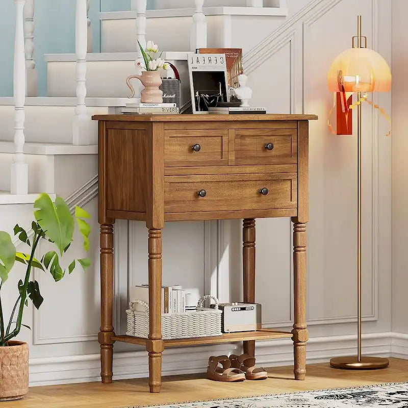 Console en bois massif de 23,7 po de style rustique avec 3 tiroirs et étagère inférieure