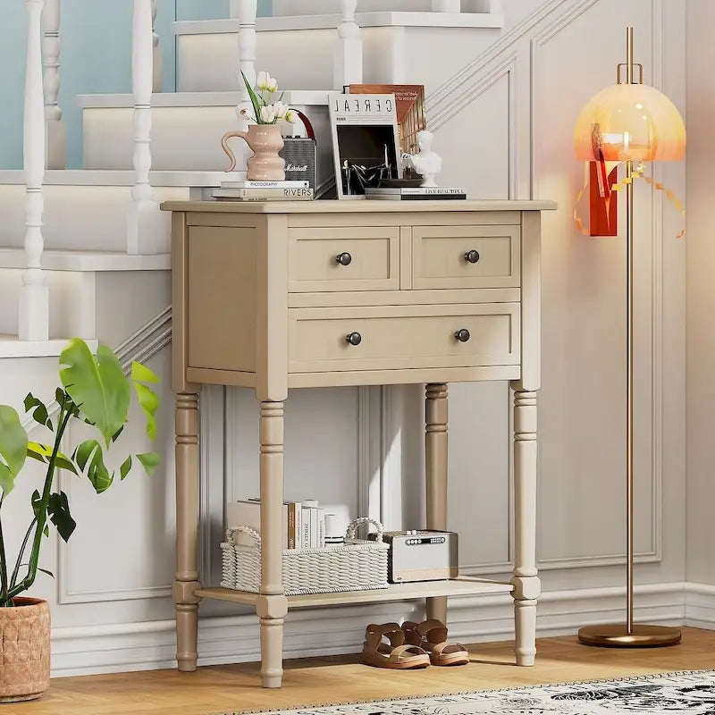Console en bois massif de 23,7 po de style rustique avec 3 tiroirs et étagère inférieure
