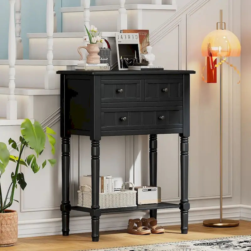 Console en bois massif de 23,7 po de style rustique avec 3 tiroirs et étagère inférieure