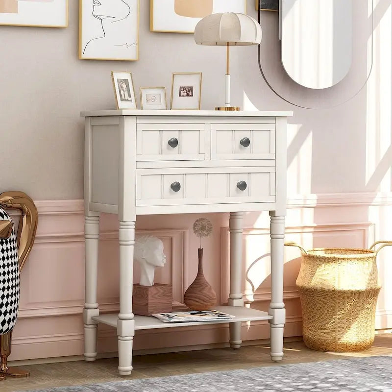 Console en bois massif de 23,7 po de style rustique avec 3 tiroirs et étagère inférieure
