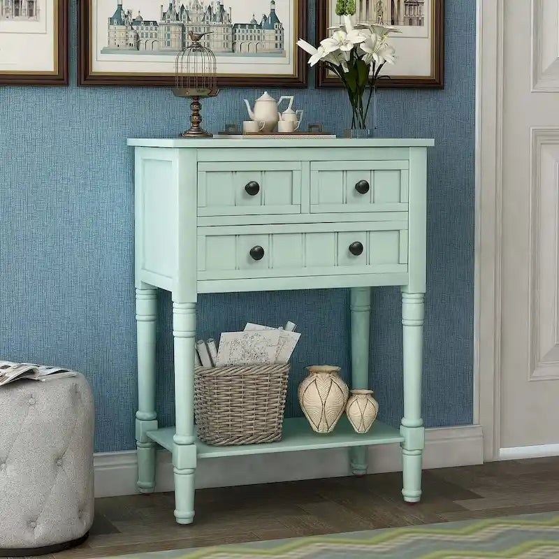 Console en bois massif de 23,7 po de style rustique avec 3 tiroirs et étagère inférieure