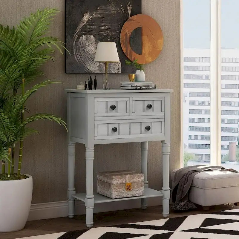 Console en bois massif de 23,7 po de style rustique avec 3 tiroirs et étagère inférieure