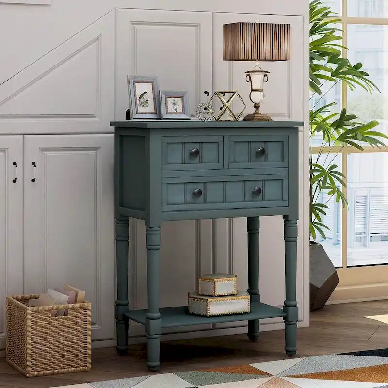 Console en bois massif de 23,7 po de style rustique avec 3 tiroirs et étagère inférieure