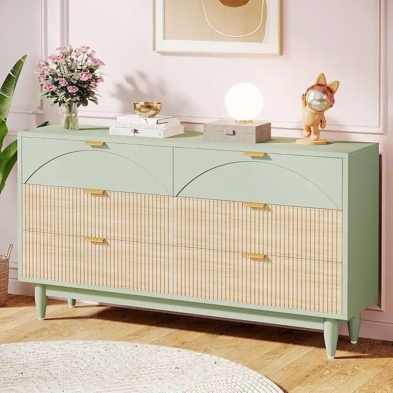 Commode double longue en bois verte de 55 pouces