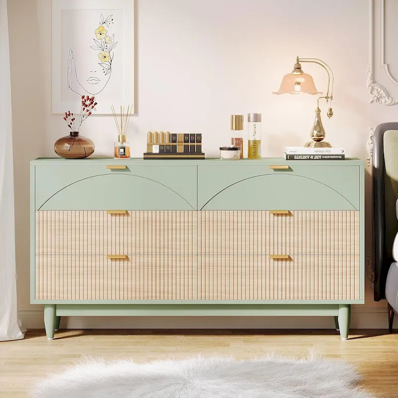 Commode double longue en bois verte de 55 pouces