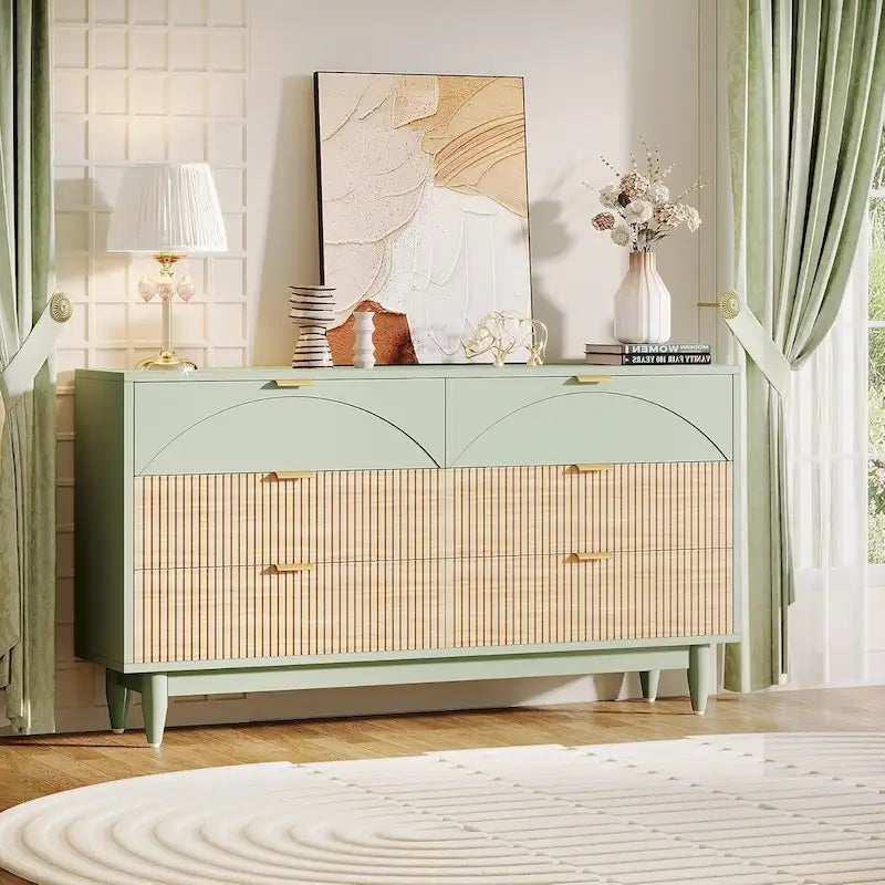 Commode double longue en bois verte de 55 pouces